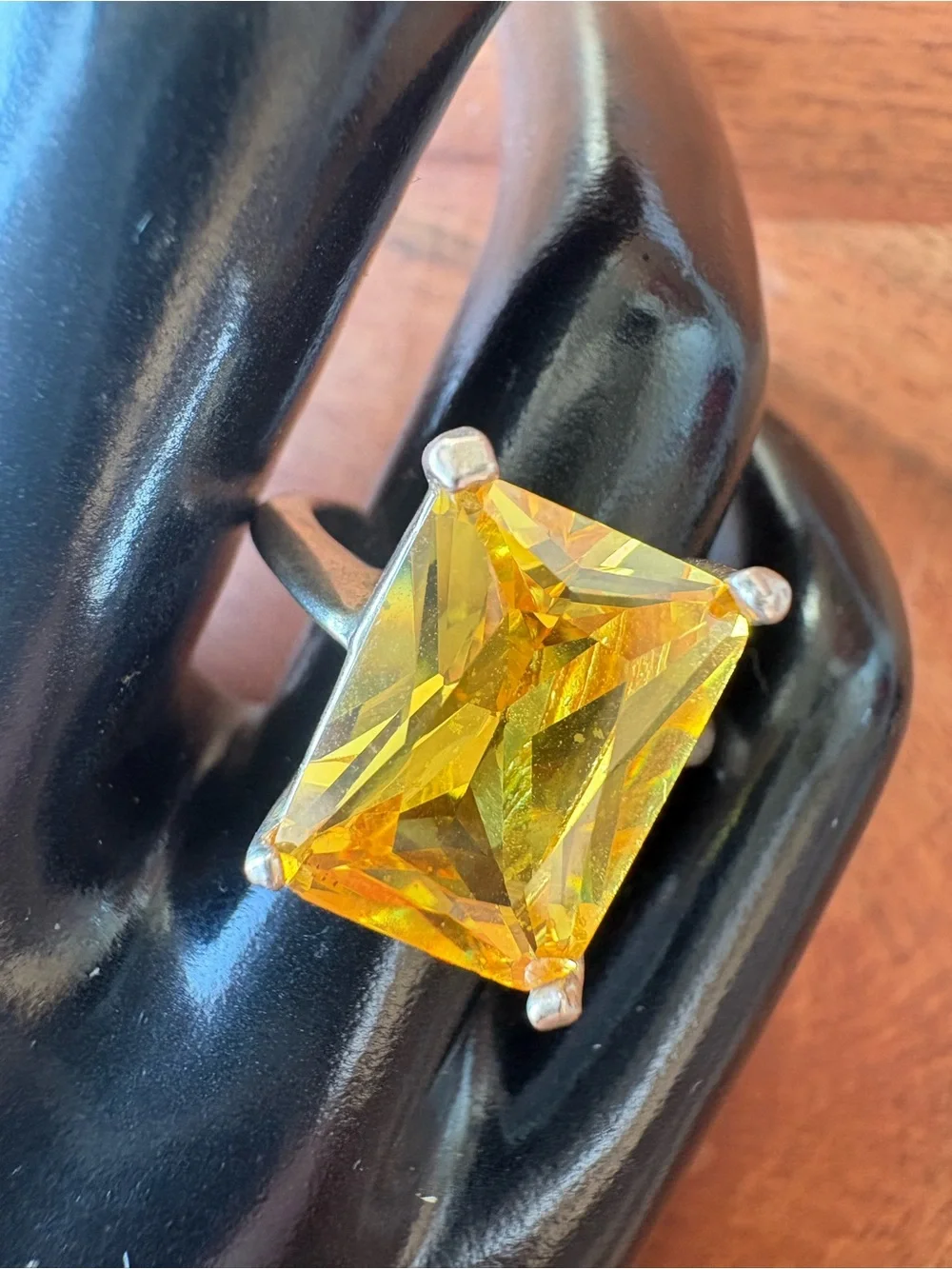 Vintage Yellow Crystal Cocktail Rectangle Ring - Size 7